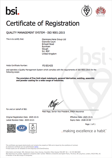 Glenmore Hane ISO 9001:2015 Certificate 2025–2028